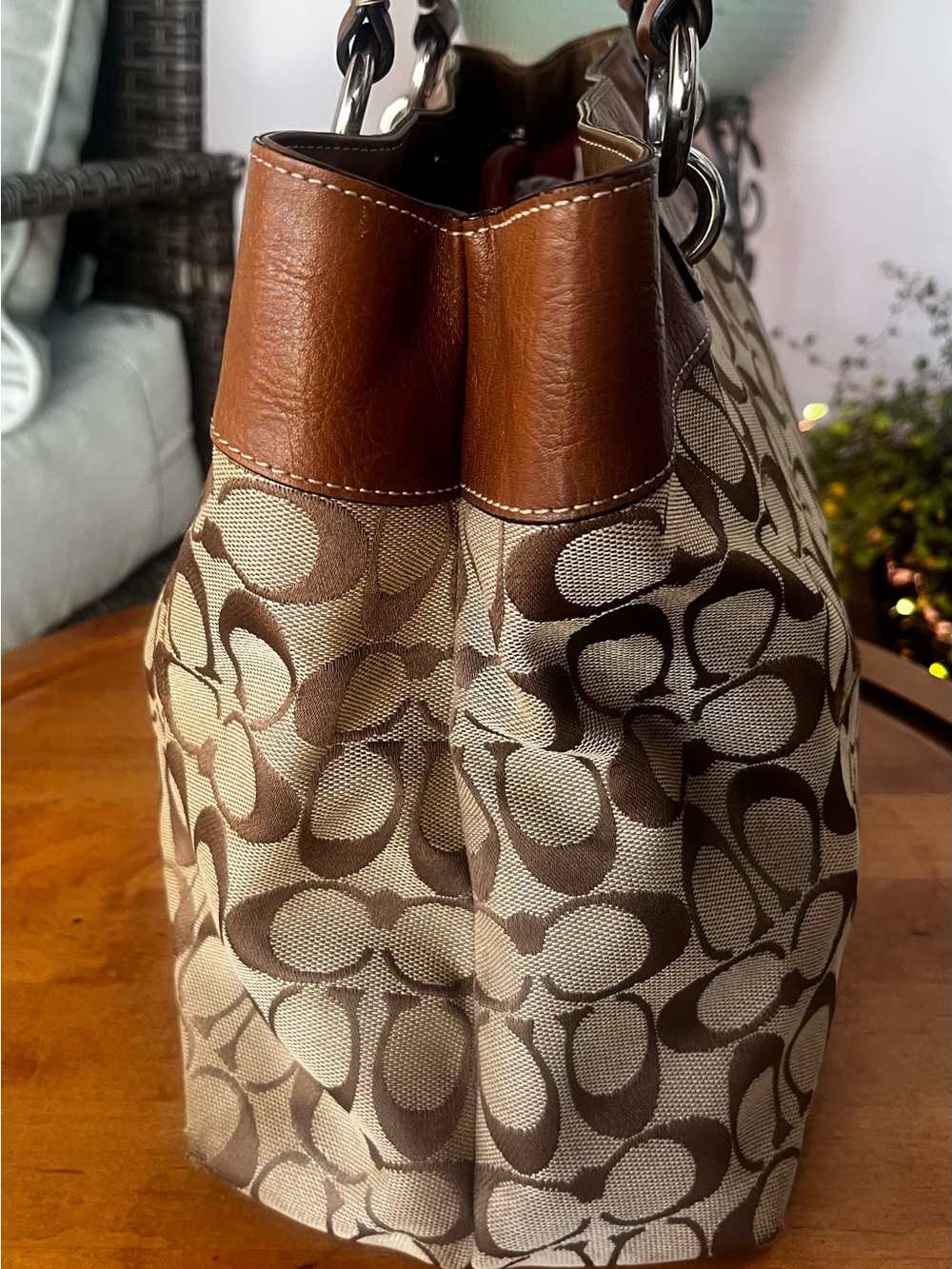 Coach Brown and Cream Signature Canvas Tote with Leather Trim - Picture 5 of 10
